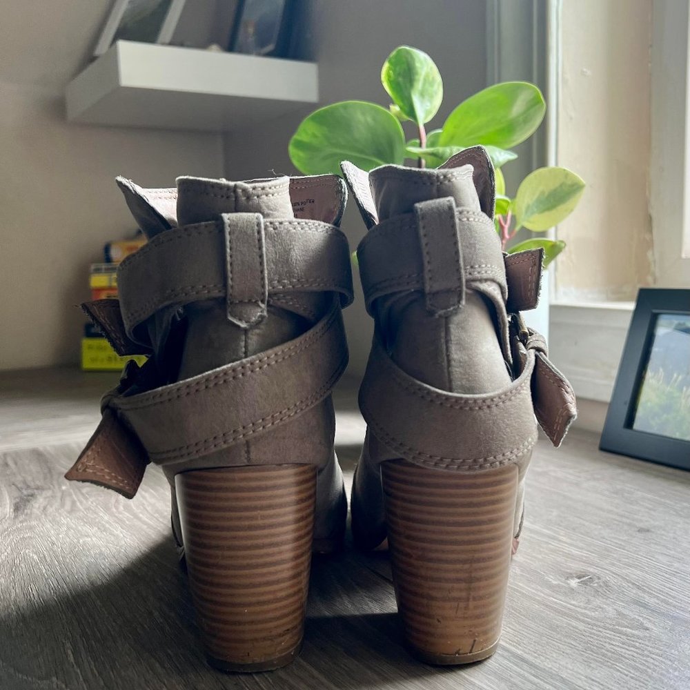 Tan suede wrap buckle heeled booties - Picture 3 of 6